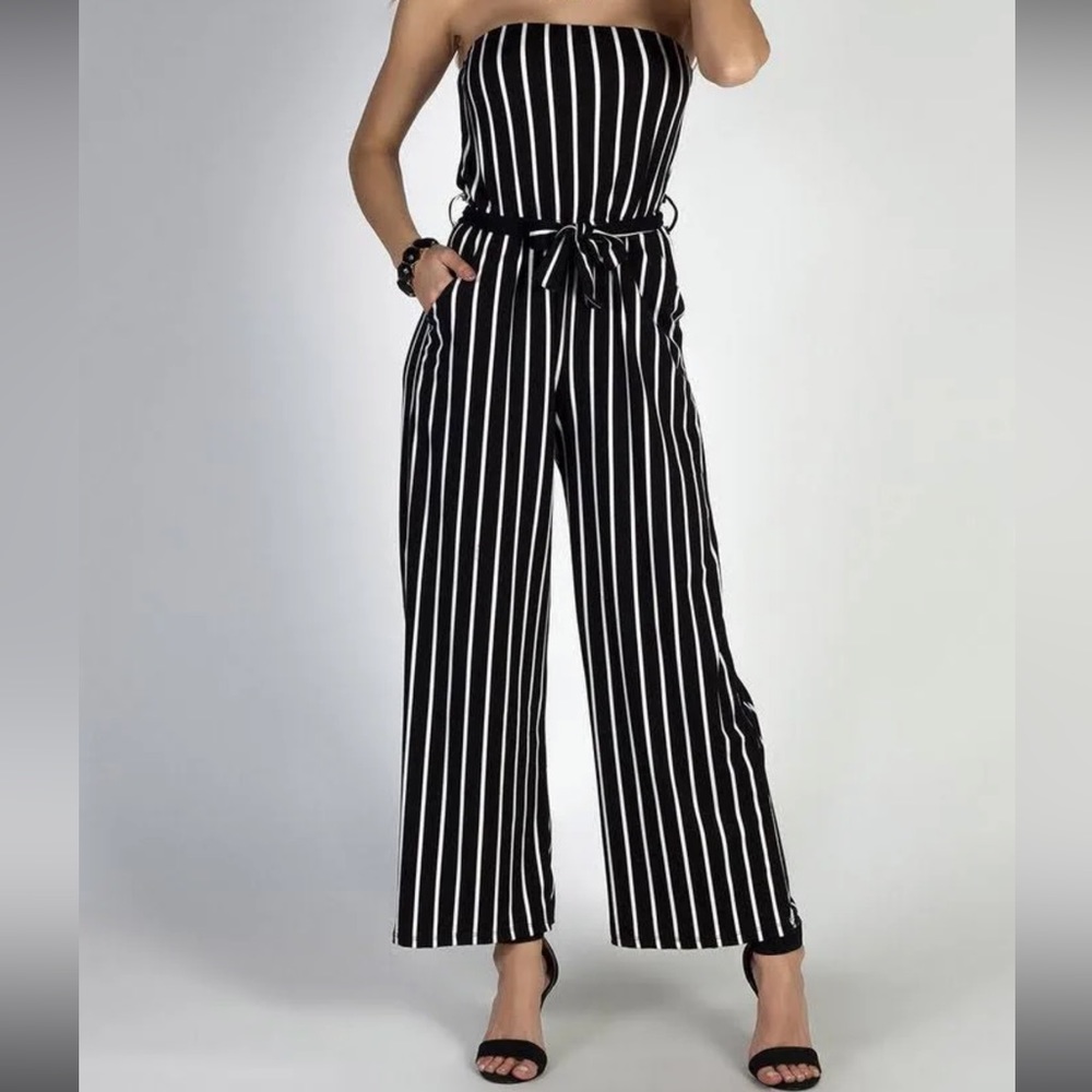 Cute Strapless Striped Black and White Romper with Adjustable Waist Tie